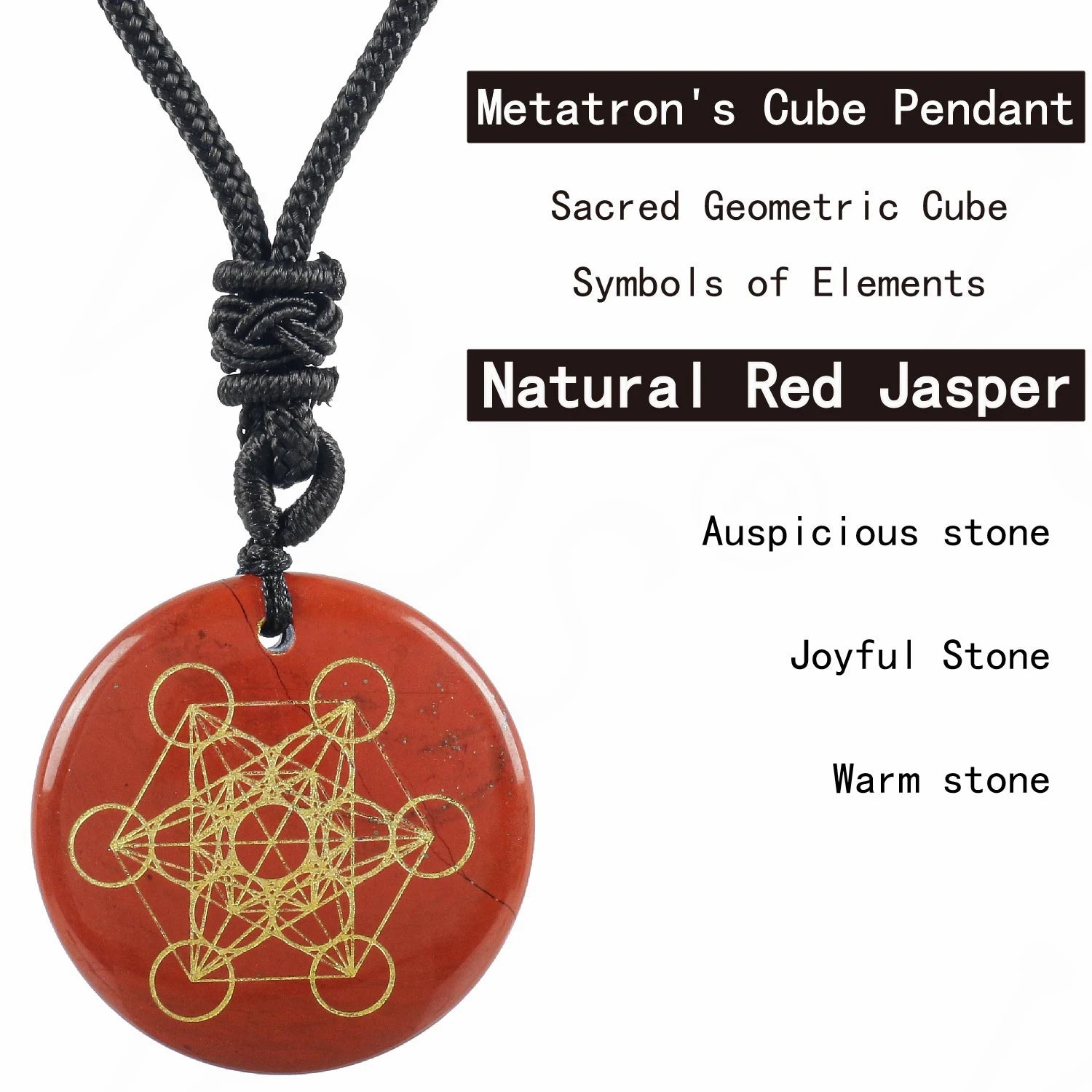 Red jasper Metatron's Cube pendant on a black cord with text about its properties.