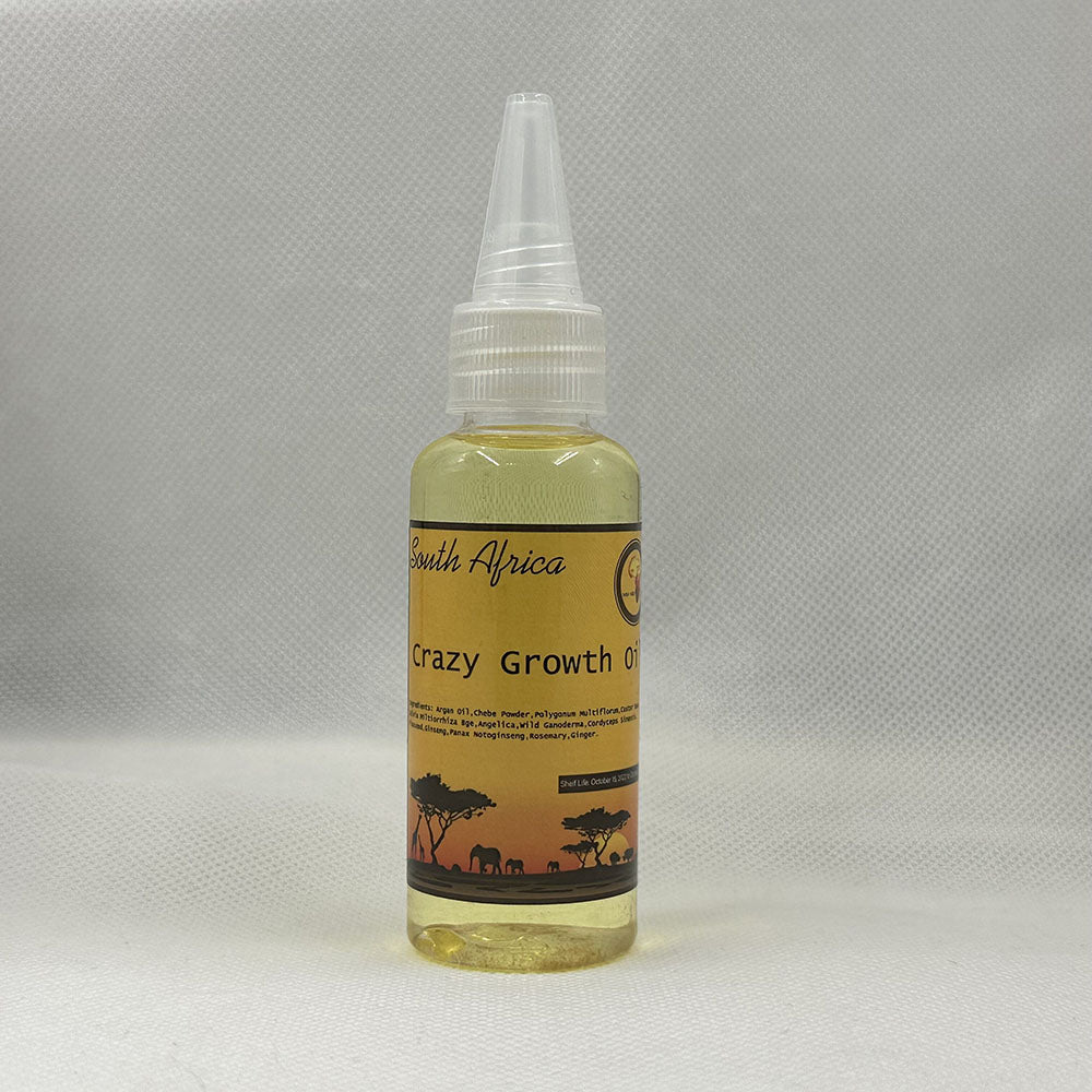 Bottle of 'Crazy Growth Oil' from South Africa on a gray background