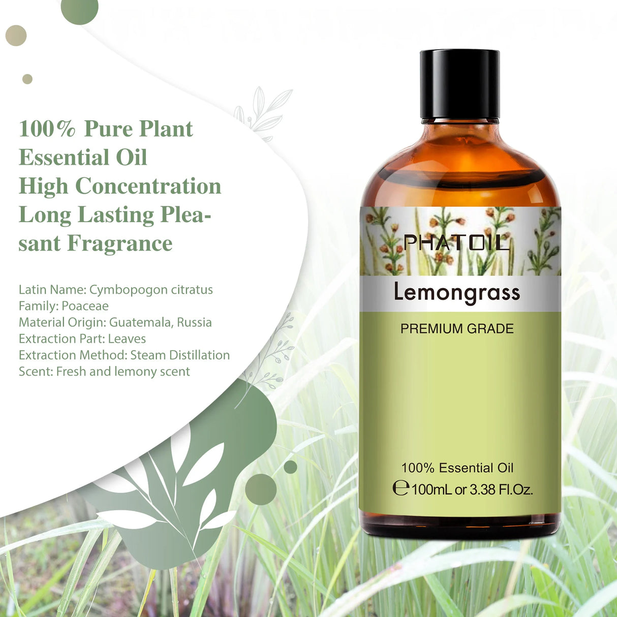 Bottle of Phatoll Lemongrass essential oil with botanical details on a white background
