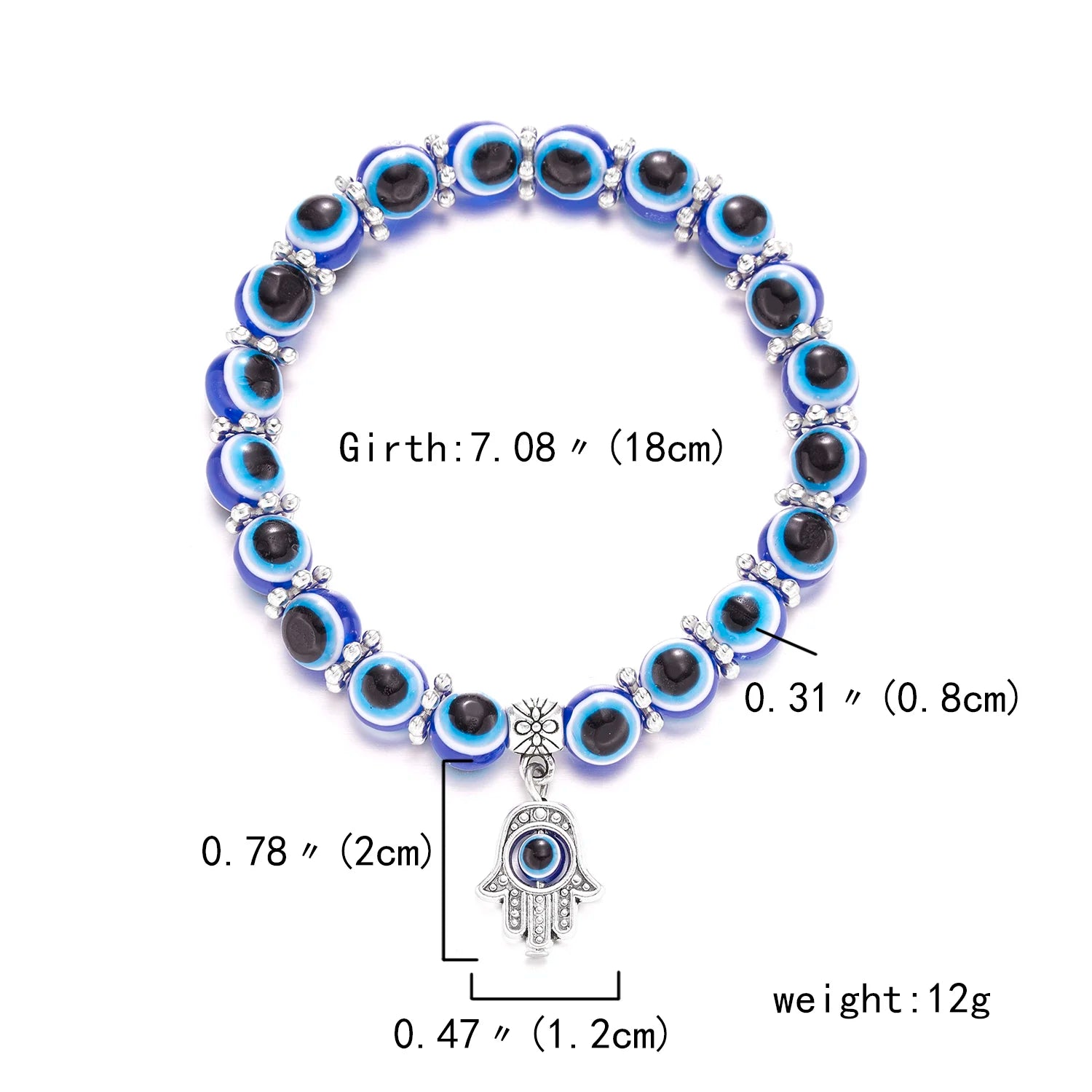 Bracelet with blue and black beads and a silver hamsa charm, showing measurements on a white background.