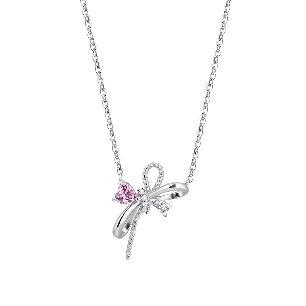Silver bow-shaped necklace with a pink gem on a white background