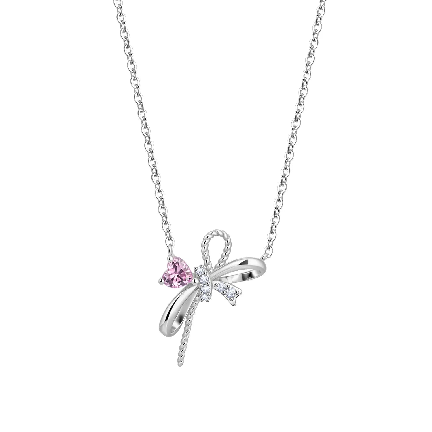 Silver bow-shaped necklace with a pink gem on a white background
