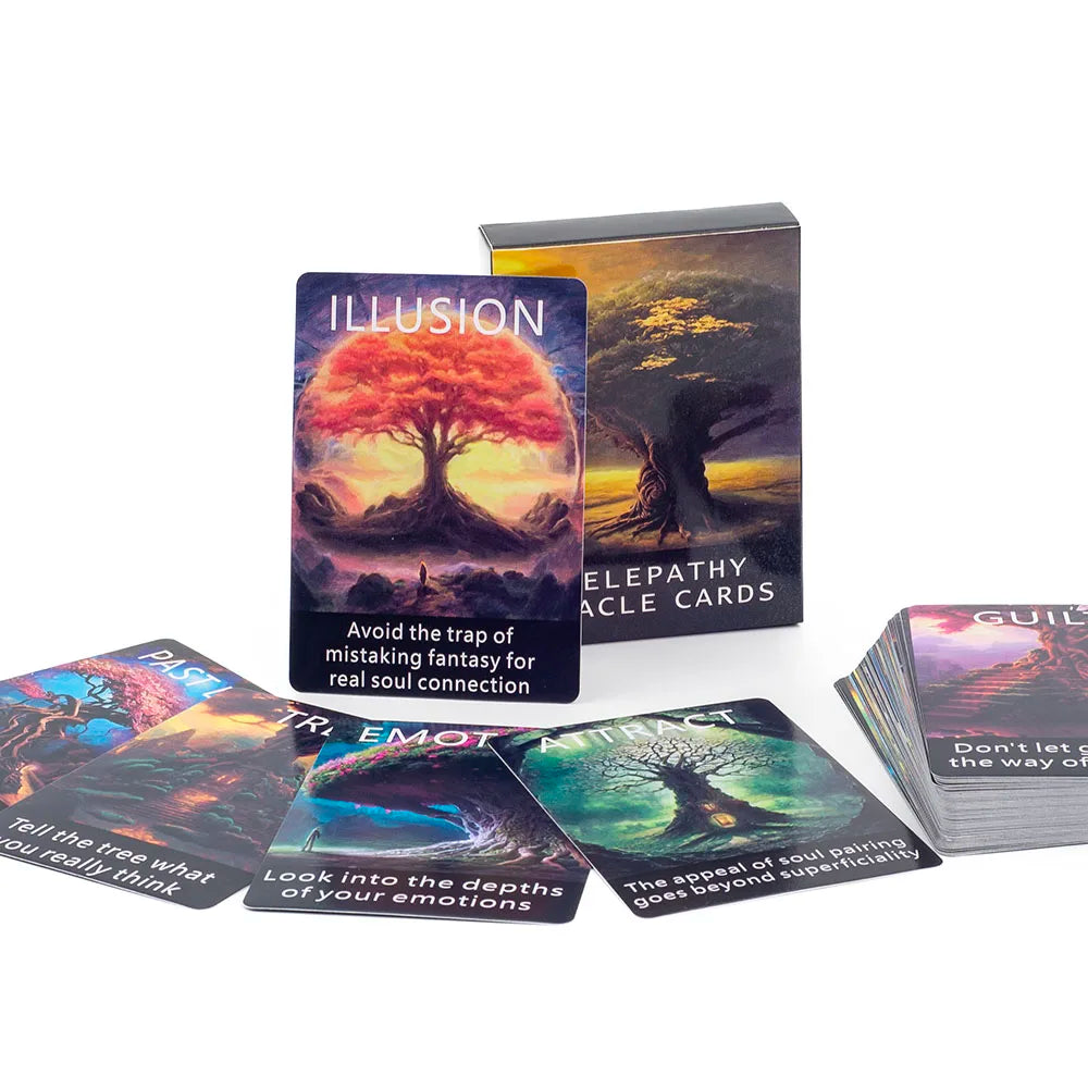 Set of Oracle cards with colorful designs and text on a white background