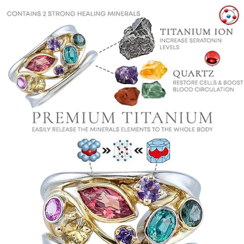 Colorful gemstone ring with text about healing minerals and titanium ion.