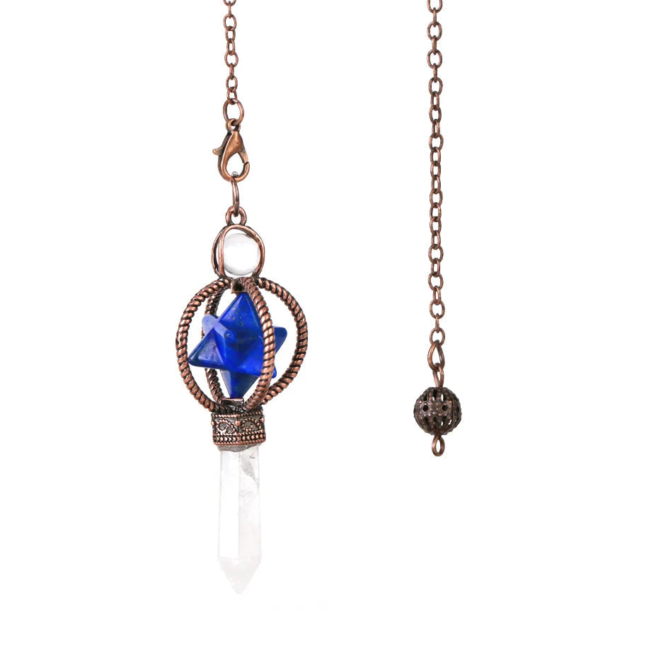 Necklace with blue crystal and white stone pendant on a white background