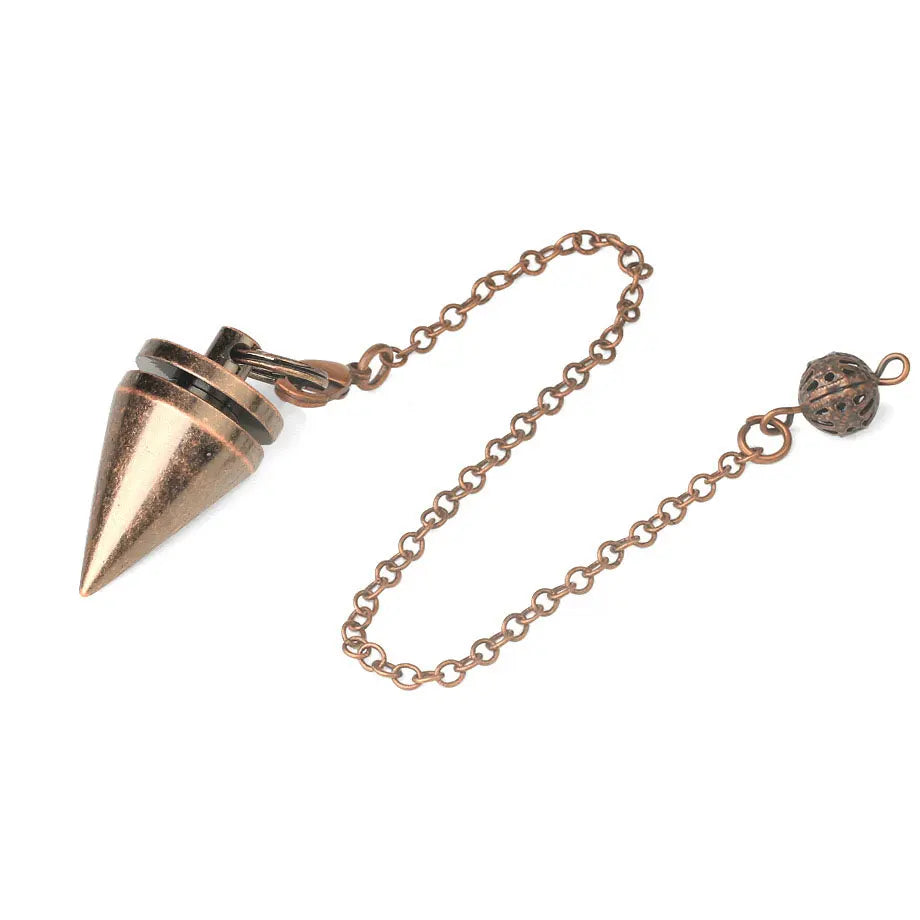Bronze cone-shaped pendant on a chain against a white background