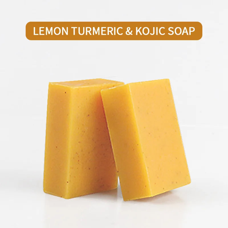 Two yellow soap bars with 'Lemon Turmeric & Kojic Soap' text on a white background