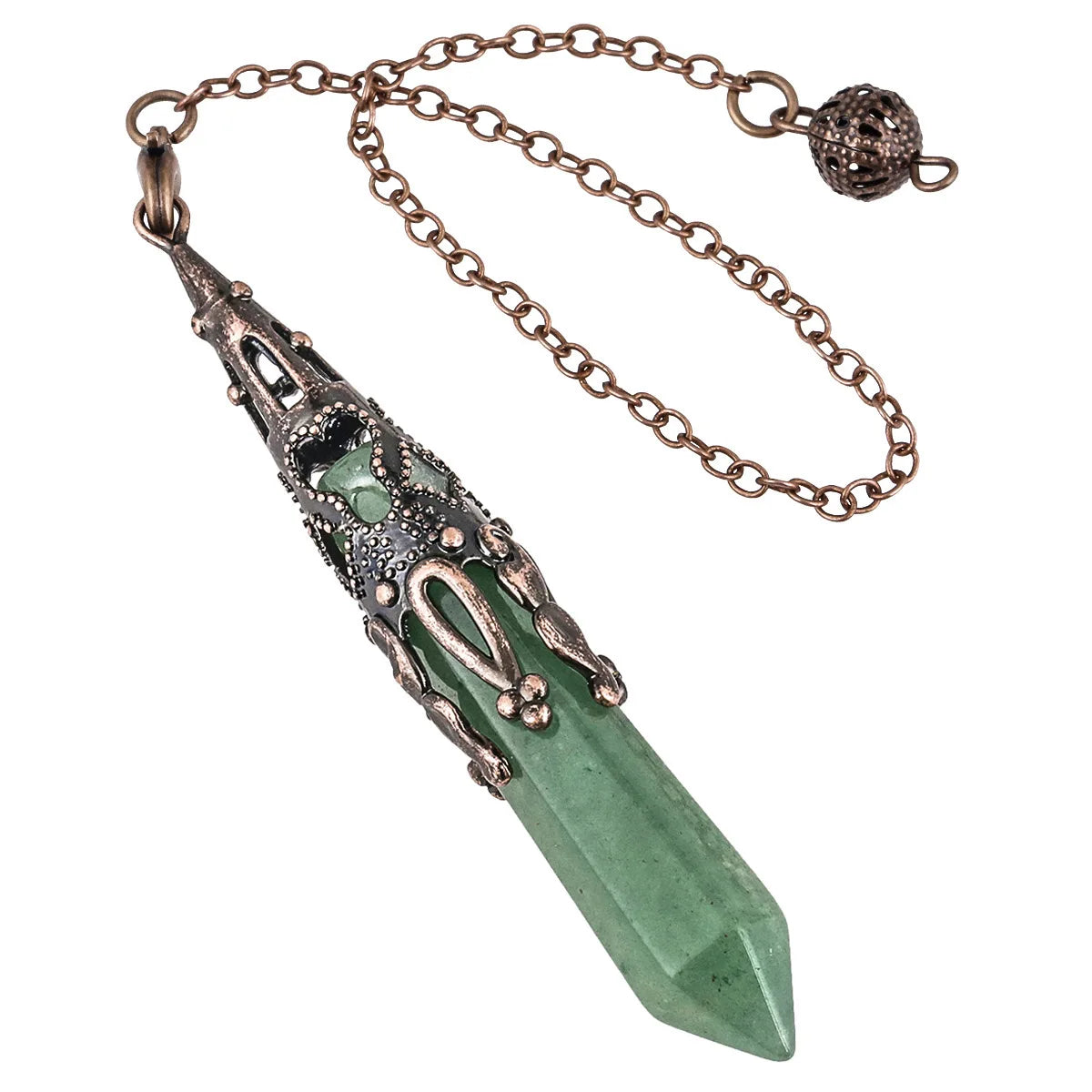 Necklace with green crystal pendant and bronze chain on a white background