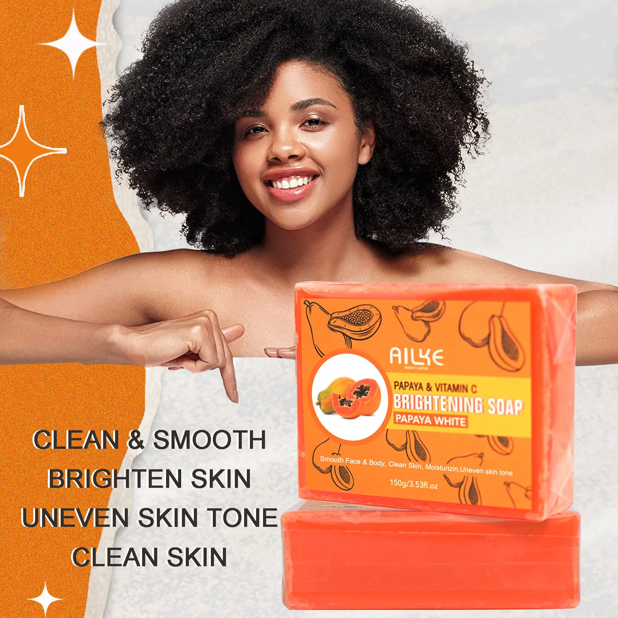 Woman pointing to Ailye Papaya & Vitamin C Brightening Soap with product in foreground