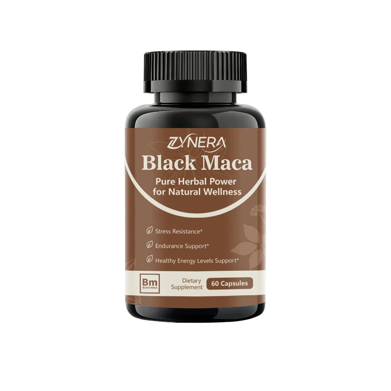 Zynera Black Maca supplement bottle on a white background