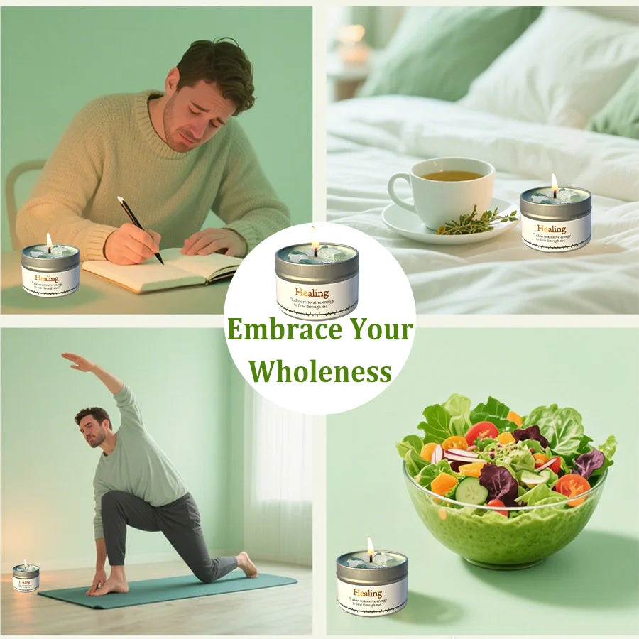 Collage of a man writing, drinking tea, practicing yoga, and eating salad with 'Embrace Your Wholeness' text and candles.