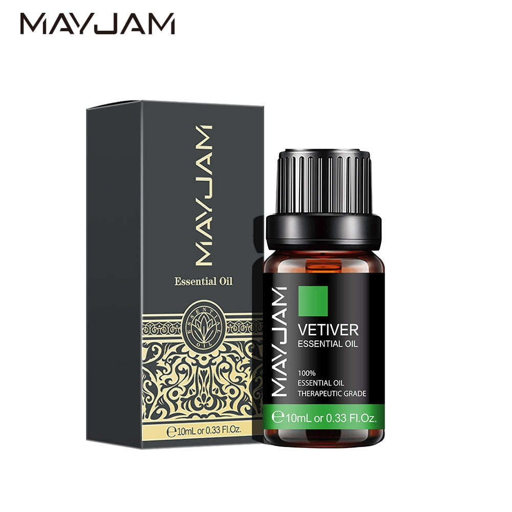 MayJam Vetiver essential oil bottle and packaging on a white background