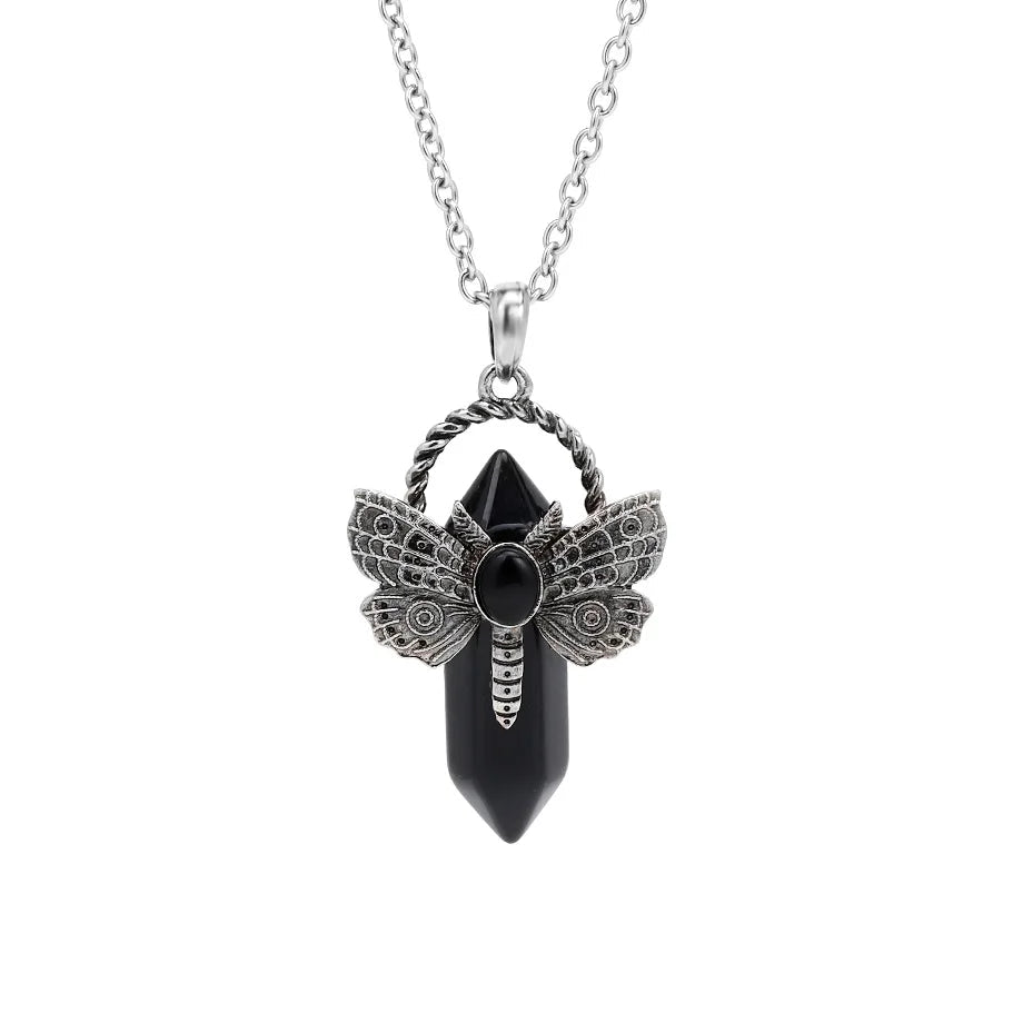 Black pendant necklace with silver chain on a white background