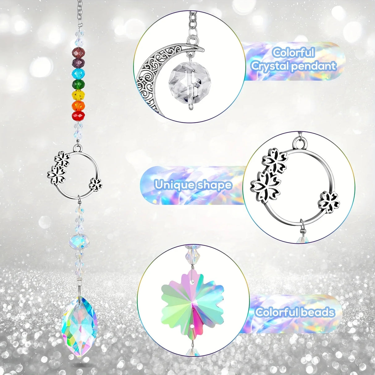 Colorful crystal pendant with rainbow beads on a gray background