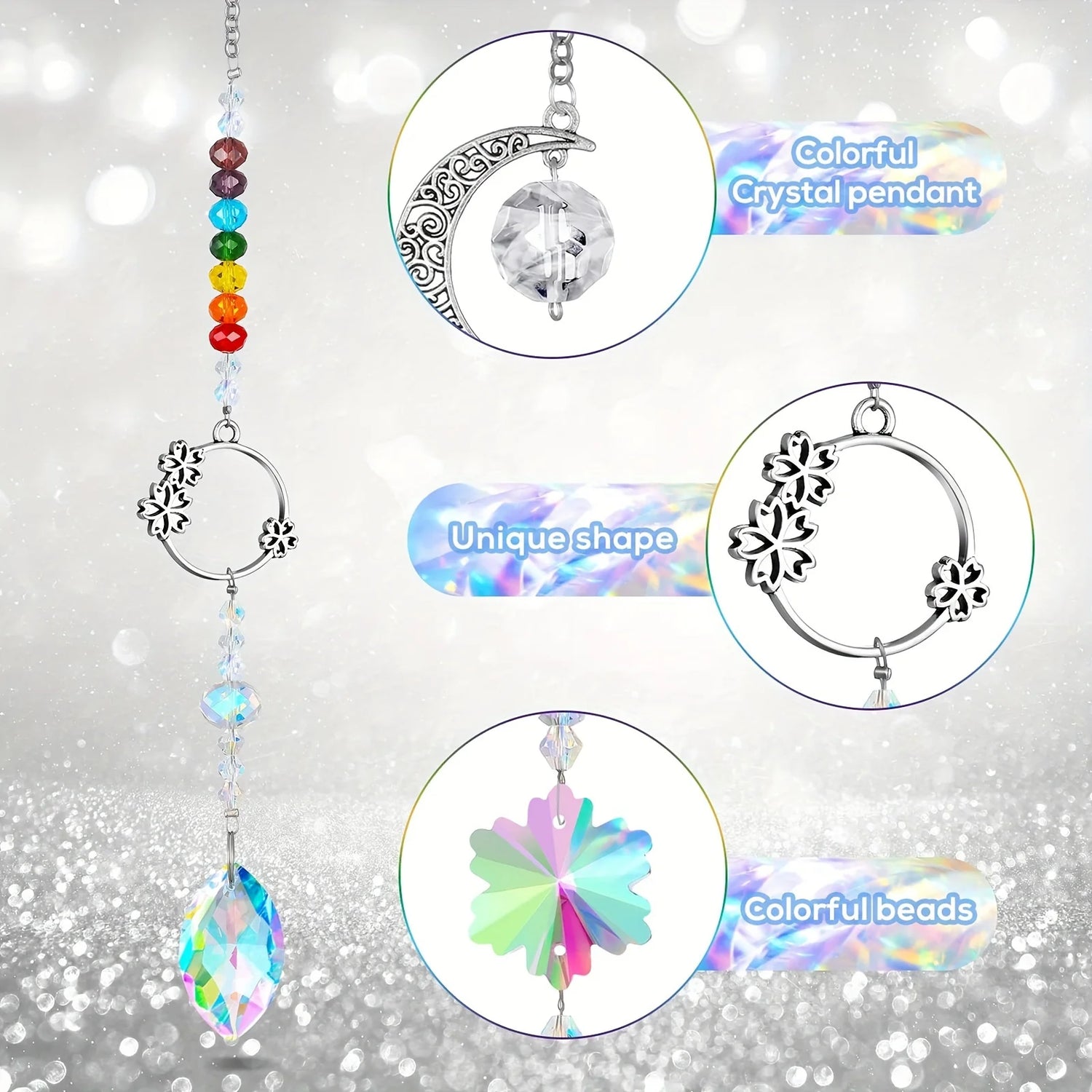 Colorful crystal pendant with rainbow beads on a gray background