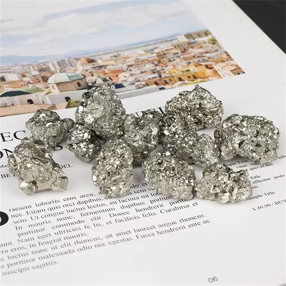 Decorative metallic crystals on a magazine with a cityscape background