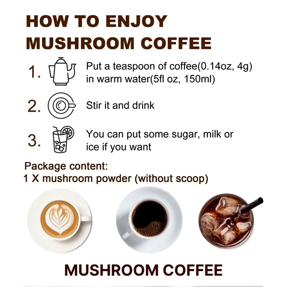 Instructions on how to enjoy mushroom coffee with images of different coffee types.