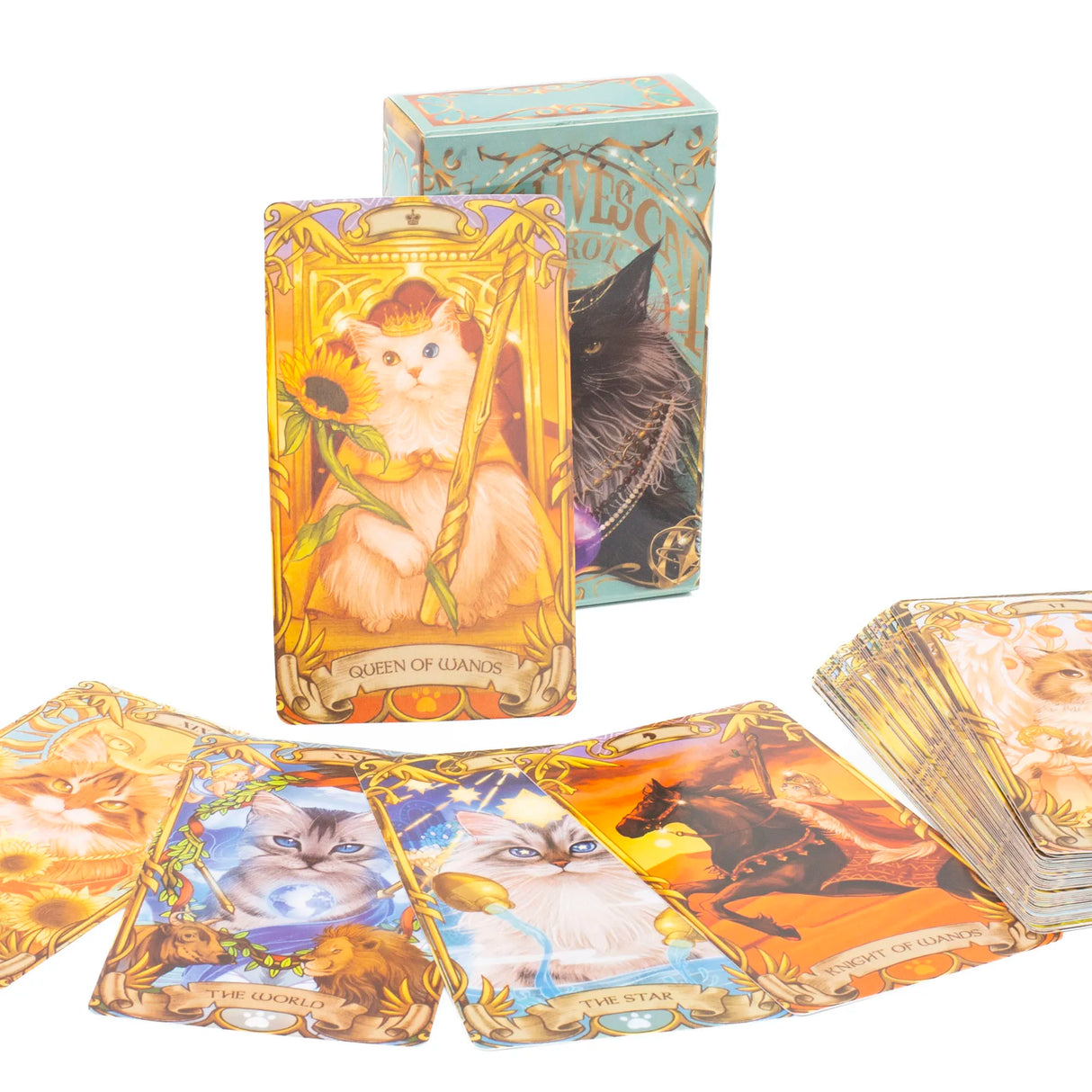 Cat-themed tarot cards with colorful illustrations on a white background