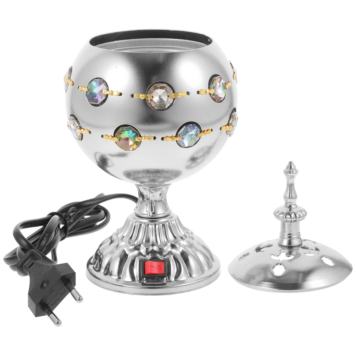 Decorative silver lamp with crystal accents and power cord on a white background