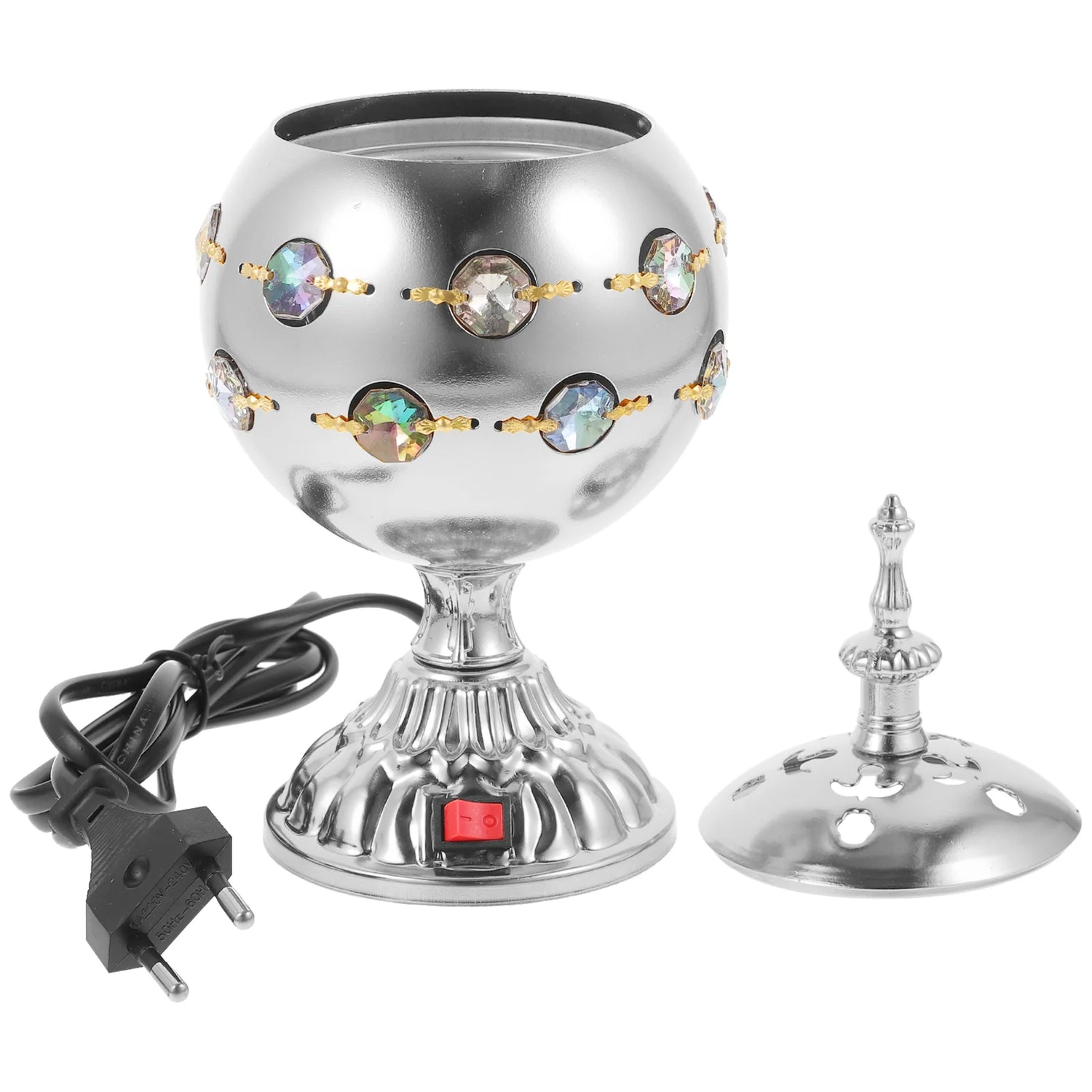 Decorative silver lamp with crystal accents and power cord on a white background