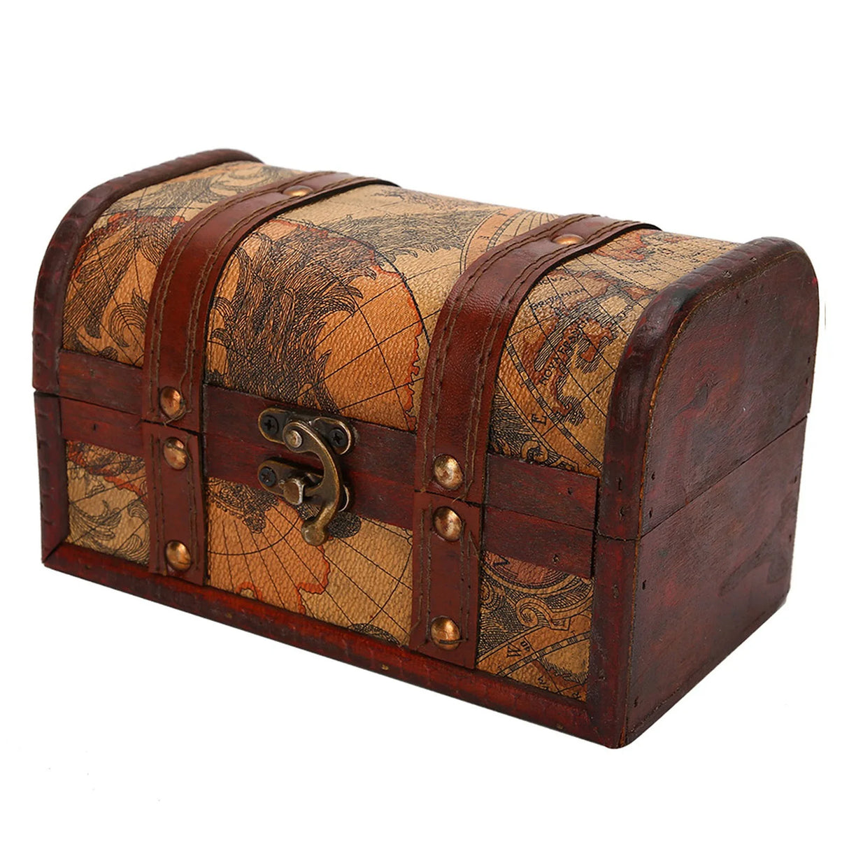 Wooden treasure chest with world map design on a white background