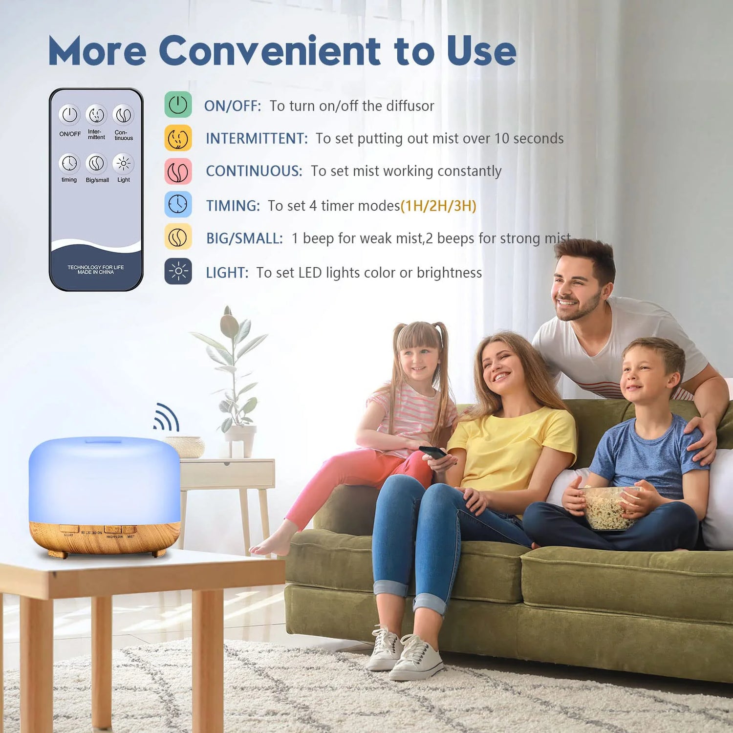 Family sitting on a couch with a diffuser in the foreground and control panel on the left.