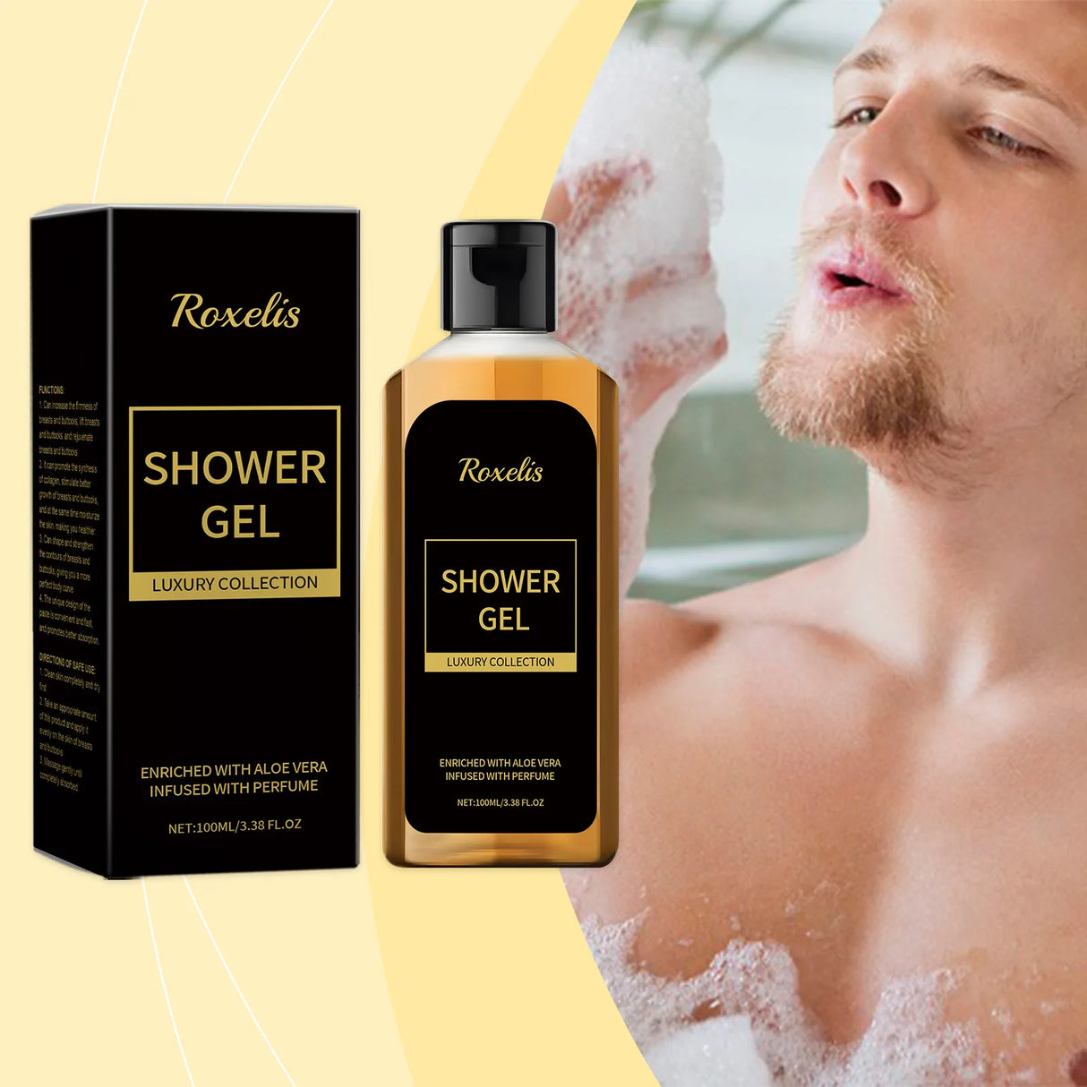 Roxelis shower gel packaging with a man in a bathtub.
