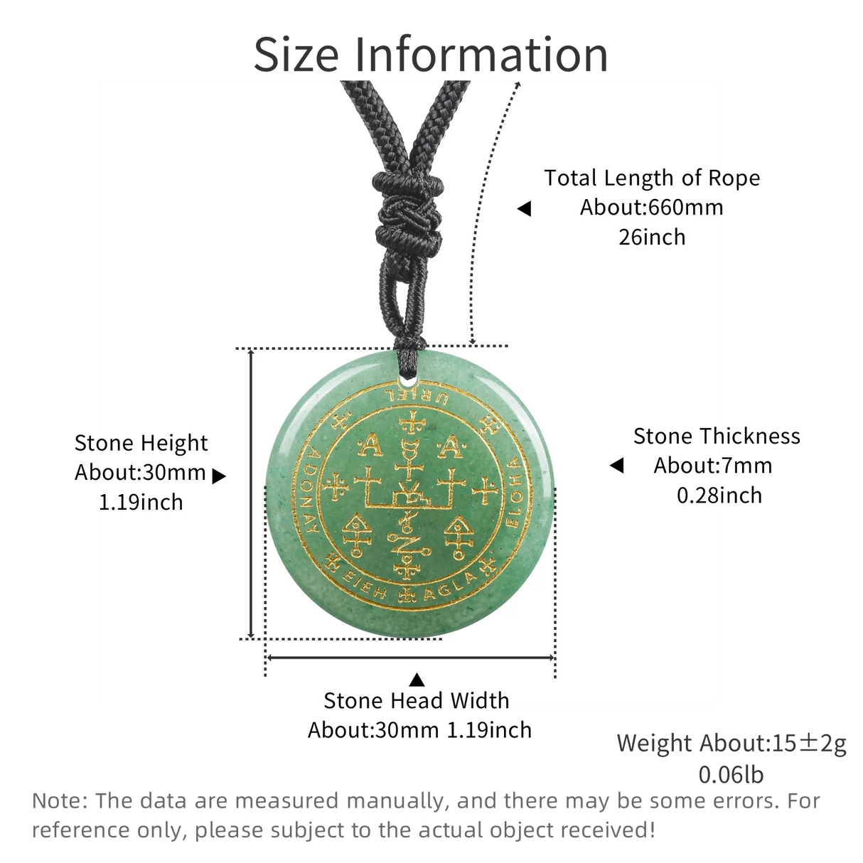 Green stone pendant with symbols on a black rope, showing measurements and details.