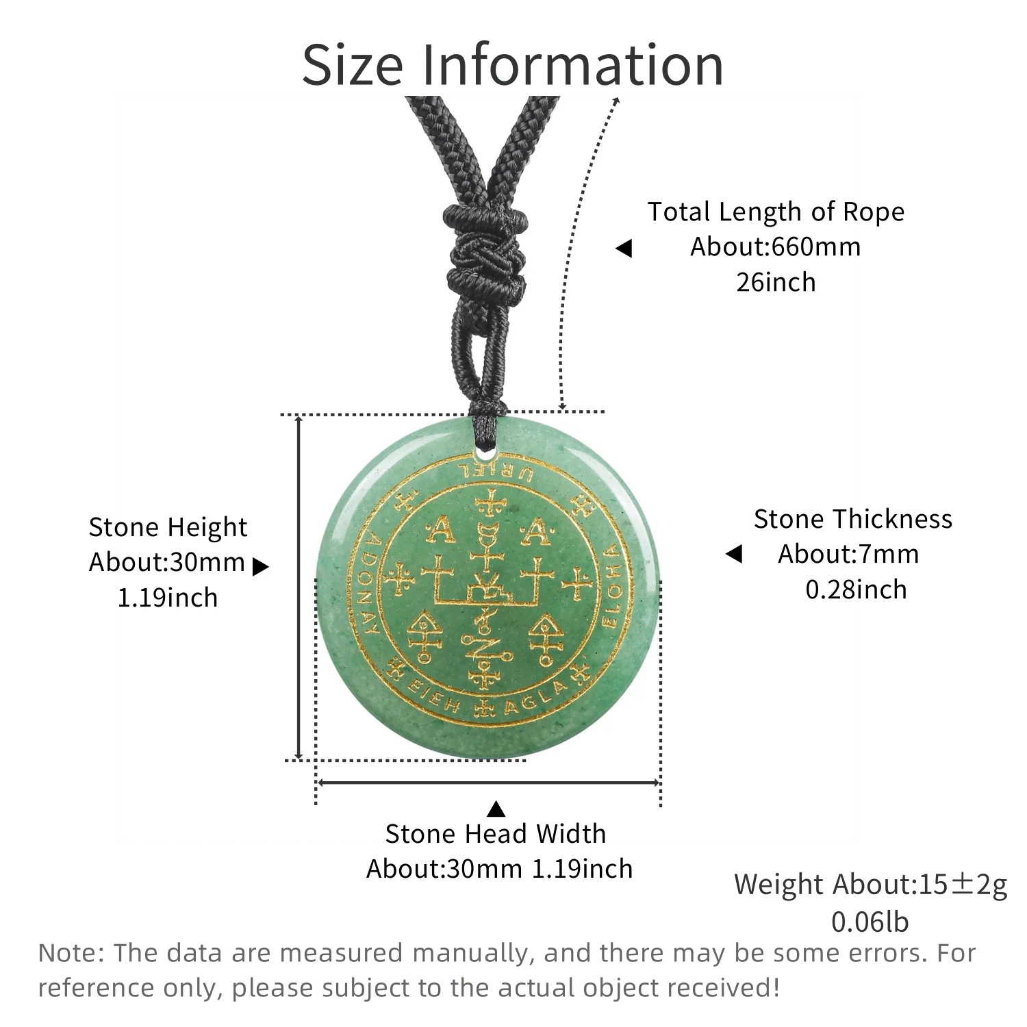Green stone pendant with symbols on a black rope, showing measurements and details.