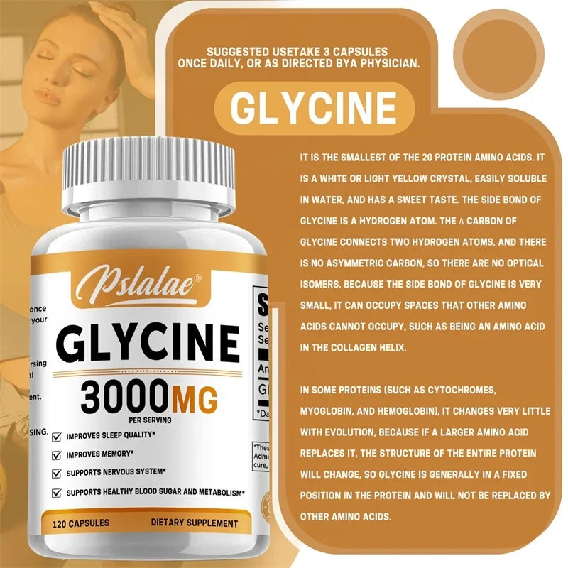 Psilane Glycine supplement bottle with detailed information on an orange background