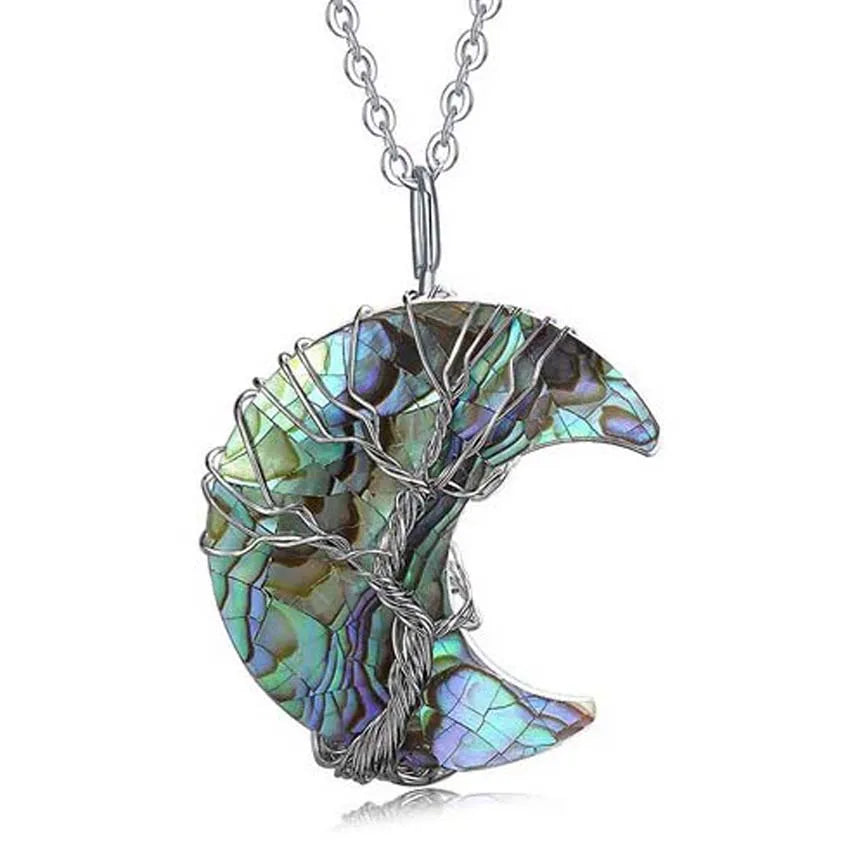 Multicolored shell pendant on a silver chain against a white background