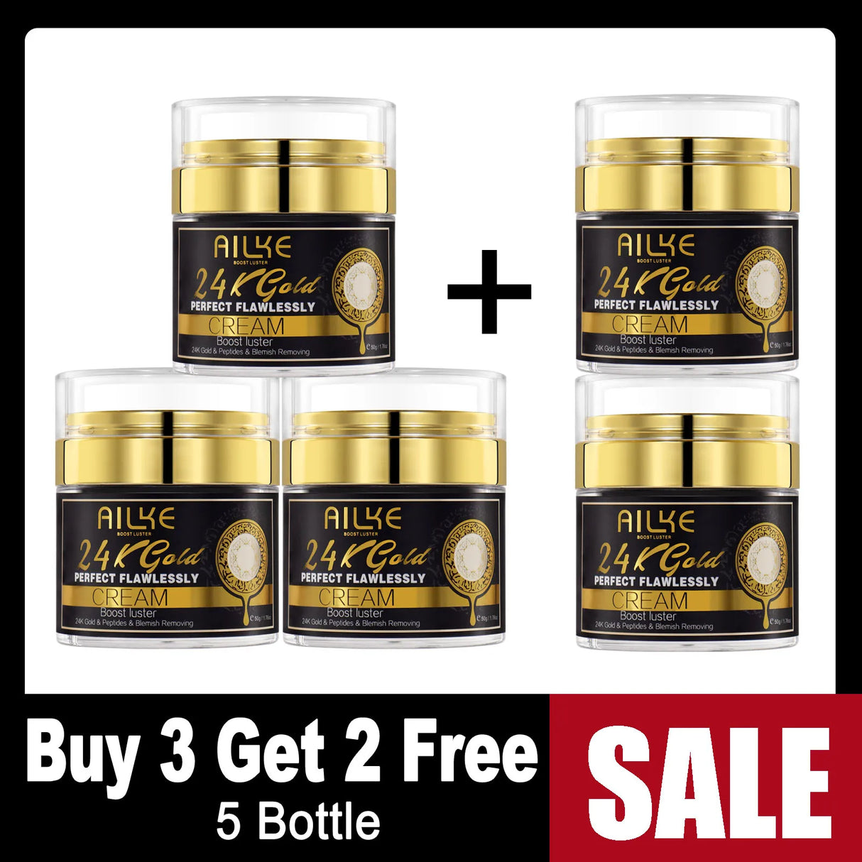Set of AILYE 24K Gold cream jars with promotional text on a white background
