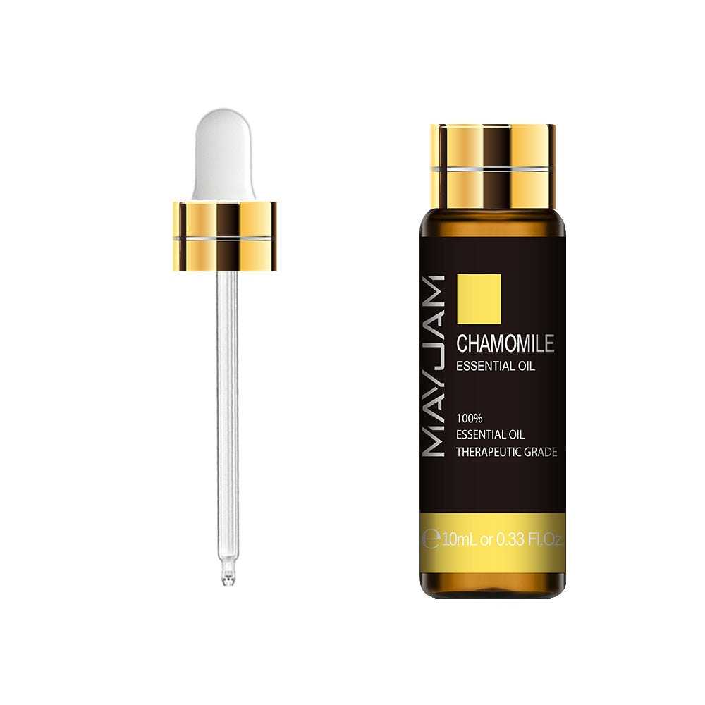 Mayjam Chamomile essential oil bottle with dropper on a white background