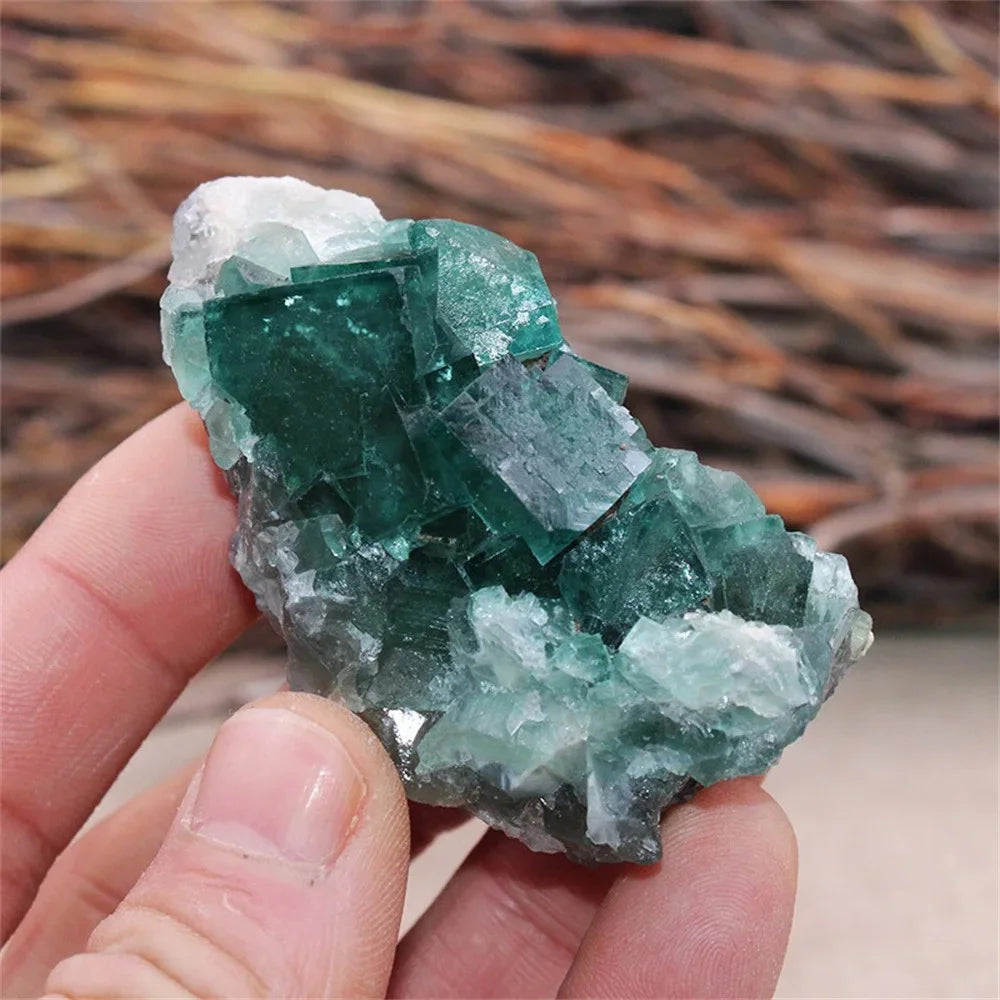 Green crystal held in a hand with a blurred natural background