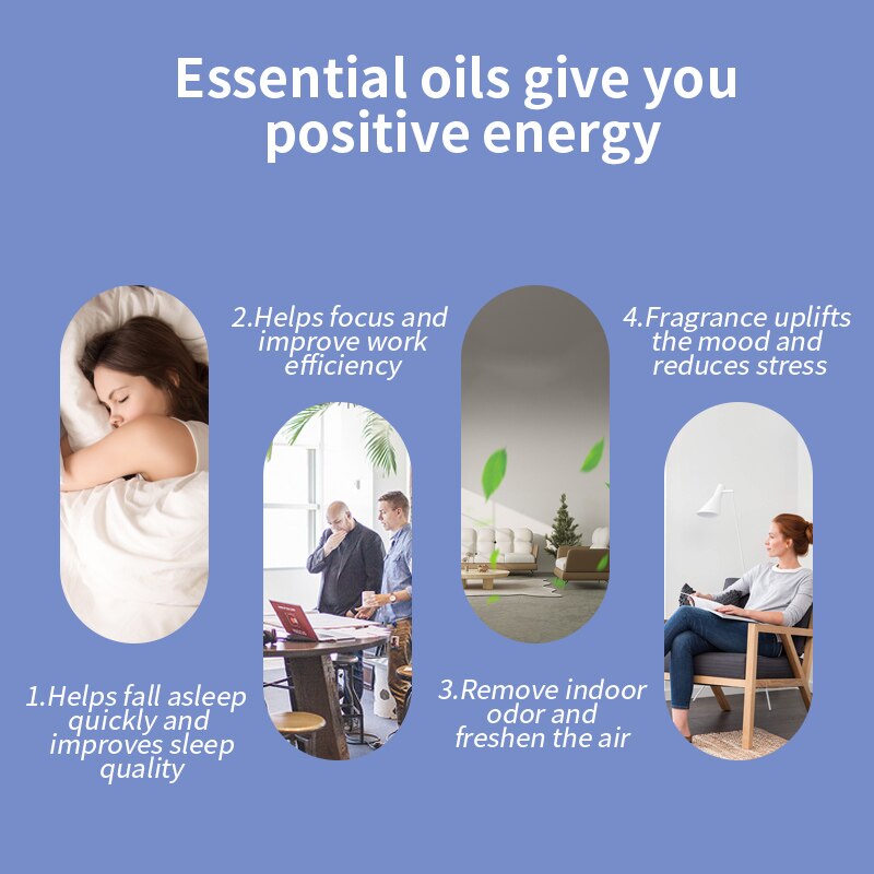 Promotional graphic about the benefits of essential oils on a blue background with four scenes showing people in different settings.