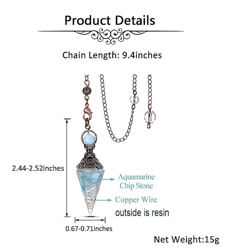 Necklace with pendant showing chain length, dimensions, and material details on a white background.