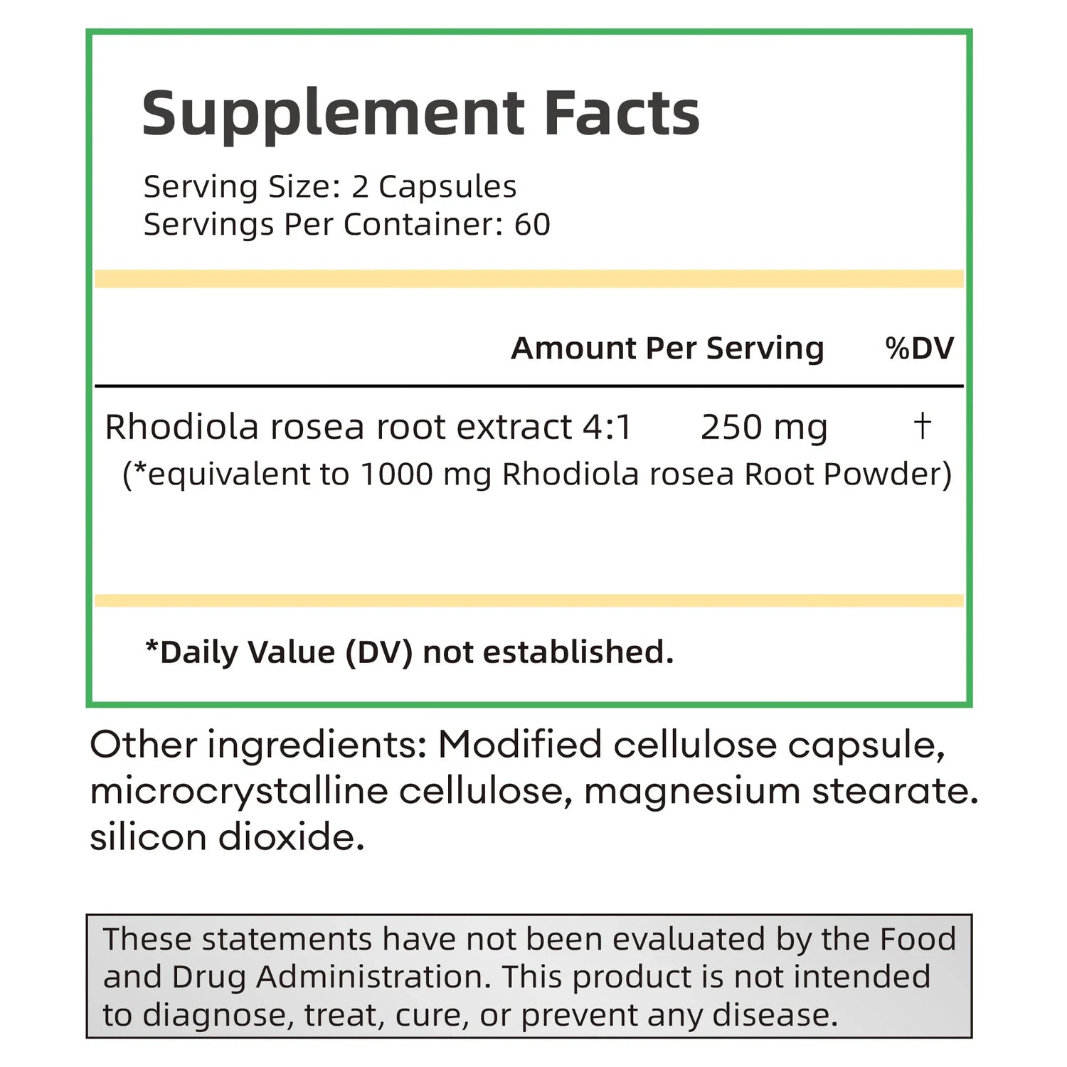 Supplement facts label for Rhodiola rosea root extract capsules.