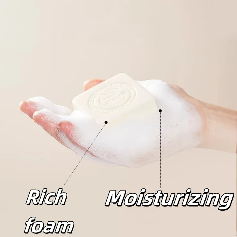 Hand with foam showing 'Rich Moisturizing Foam' on a beige background