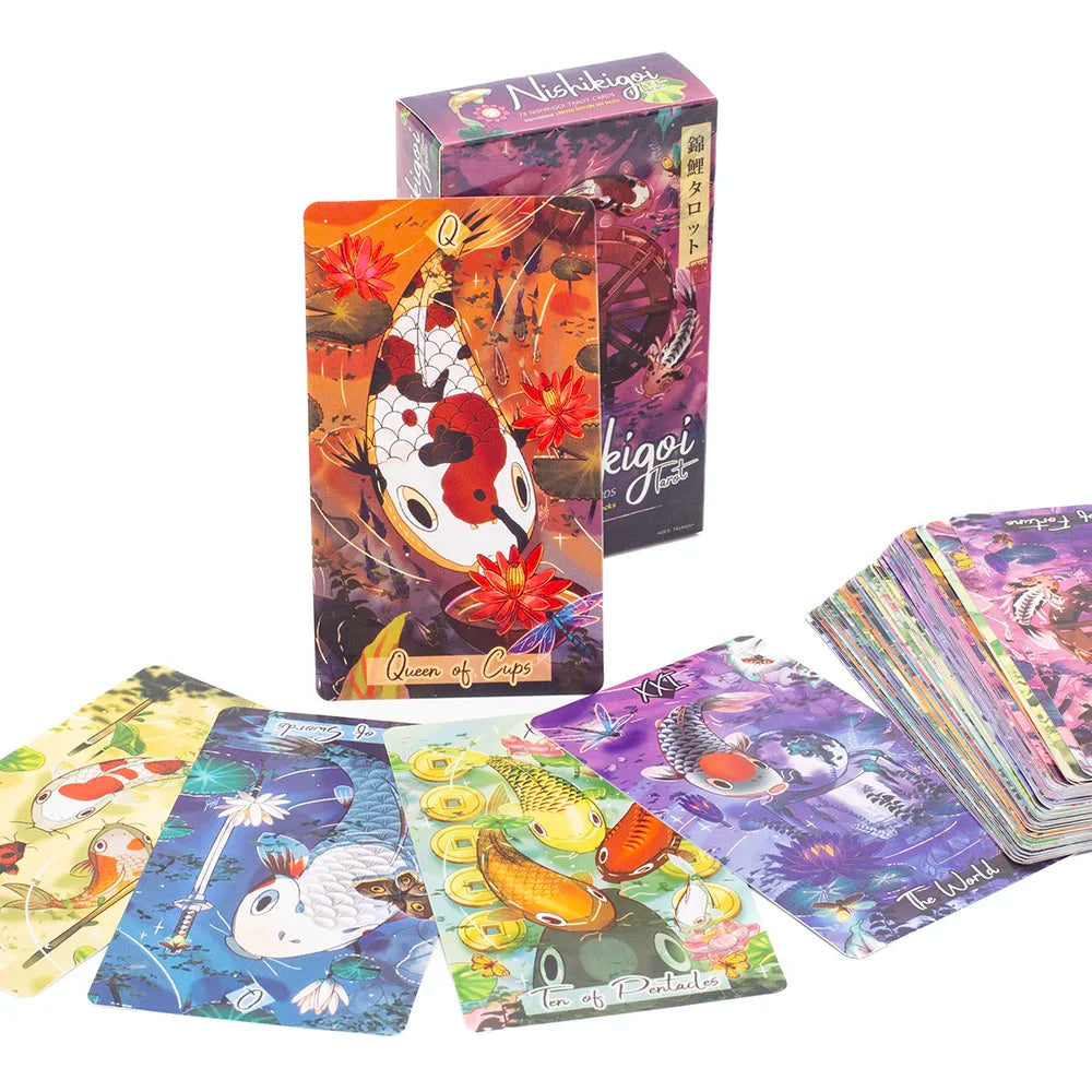 Colorful tarot cards with koi fish design and a deck on a white background
