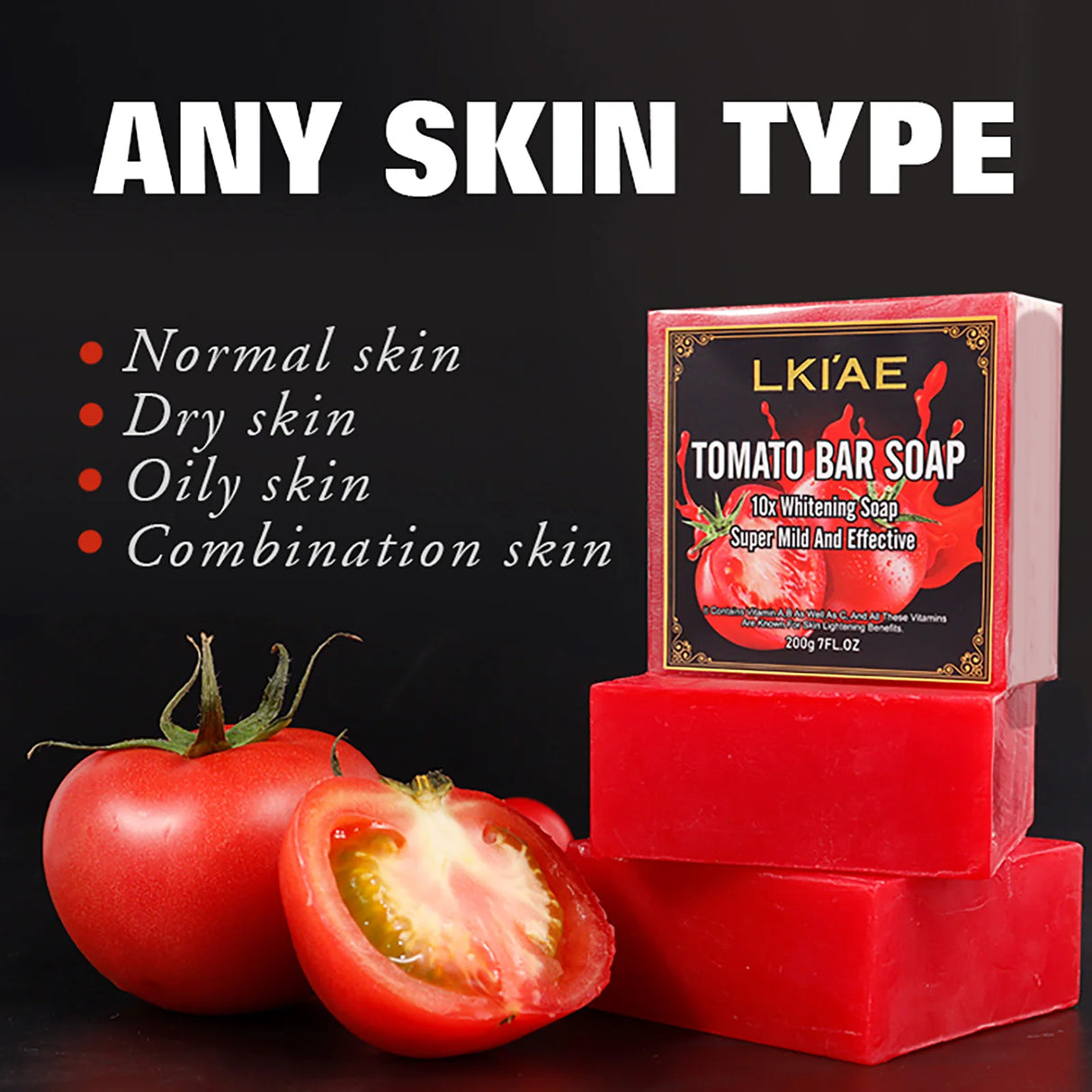 Red tomato bar soap with packaging labeled 'LKIAE Tomato Bar Soap' on a black background, featuring text about skin types.