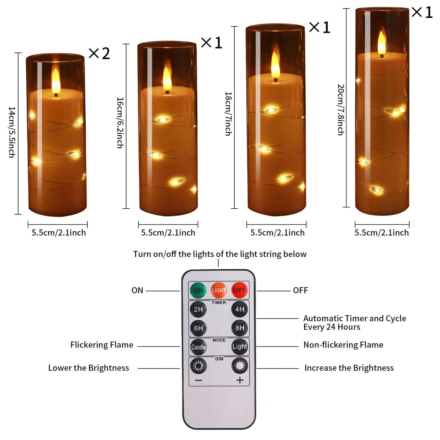 Set of LED candles with remote control and dimensions on a white background
