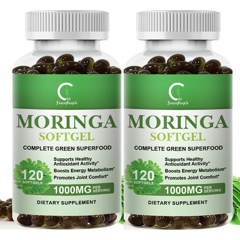 Two bottles of Moringa Softgel dietary supplements on a white background