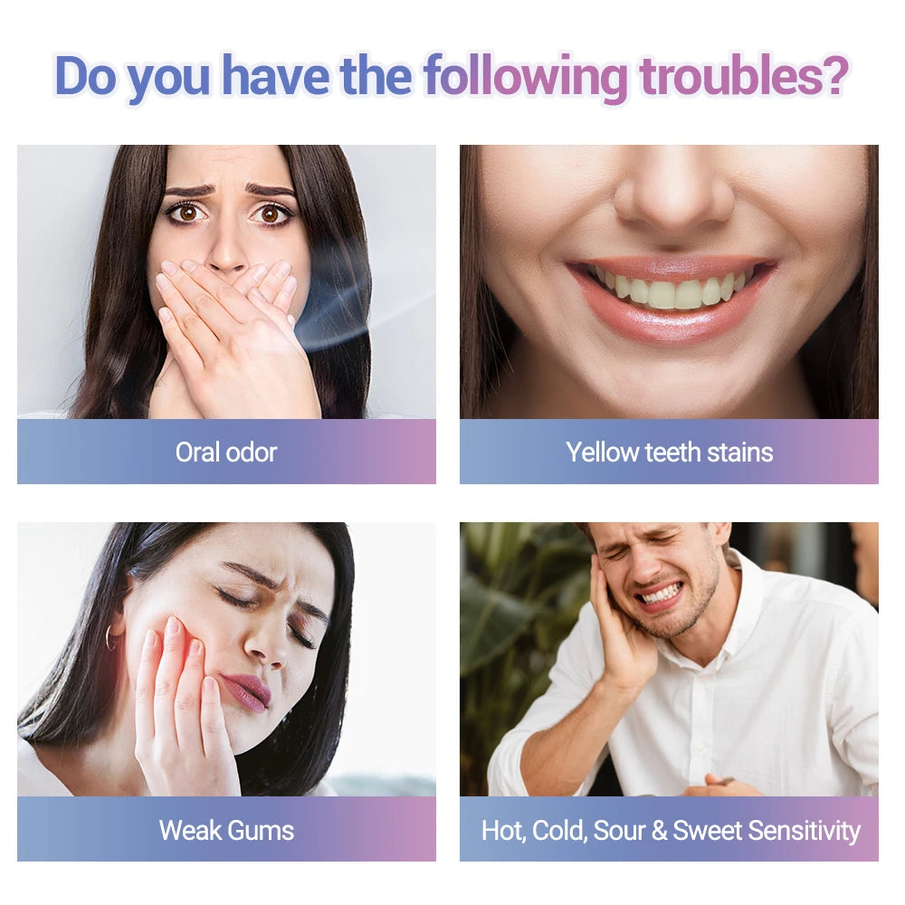 Four images showing dental issues with corresponding text labels on a white background.