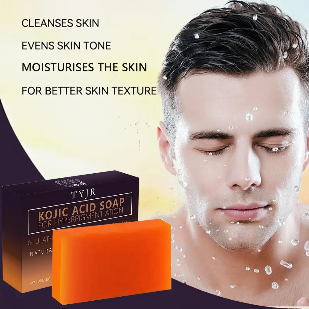 Tyjr Kojic Acid Soap with a man's face showing skin benefits on a light background