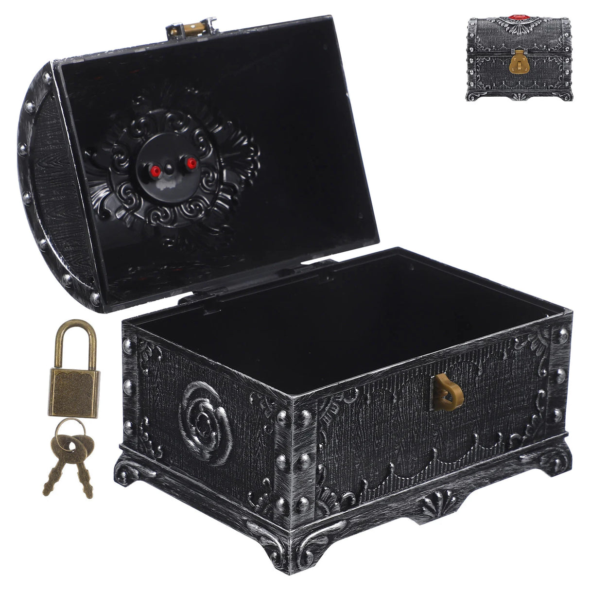 Decorative black chest with intricate designs, a padlock, and keys on a white background