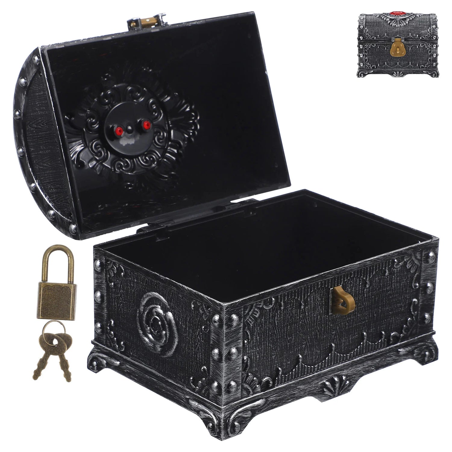 Decorative black chest with intricate designs, a padlock, and keys on a white background
