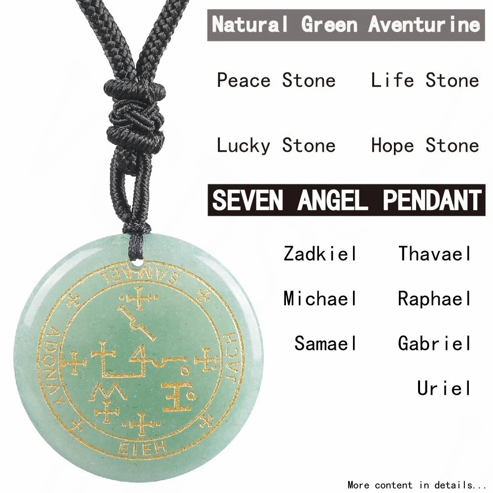 Seven Angel Pendant with green aventurine stone and black cord on a white background
