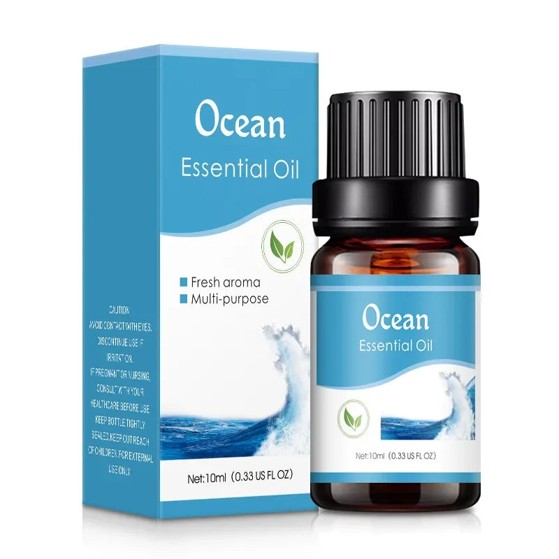 Ocean essential oil bottle and packaging on a white background