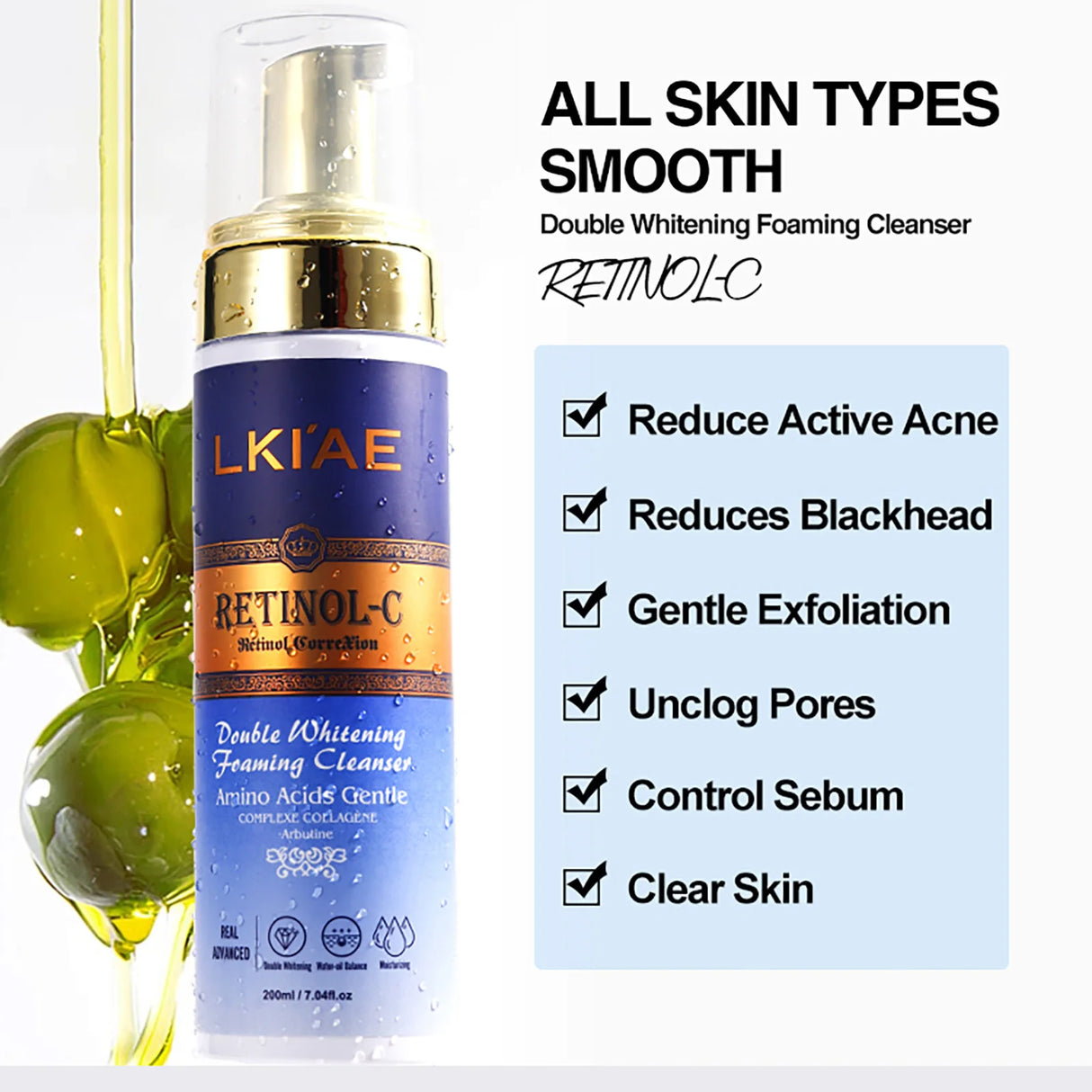 LKIAE Retinol-C cleanser with olive oil droplets and product benefits on a white background