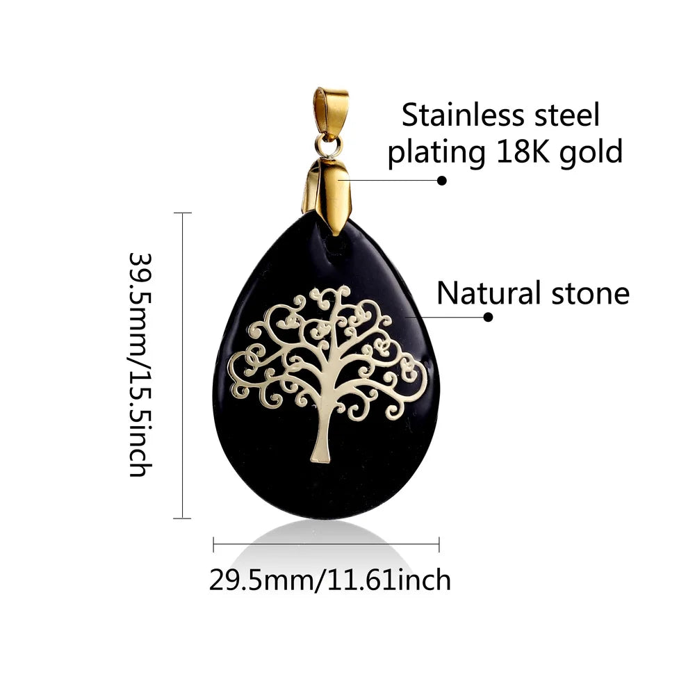 Black teardrop-shaped pendant with gold tree design, labeled for dimensions and material details.